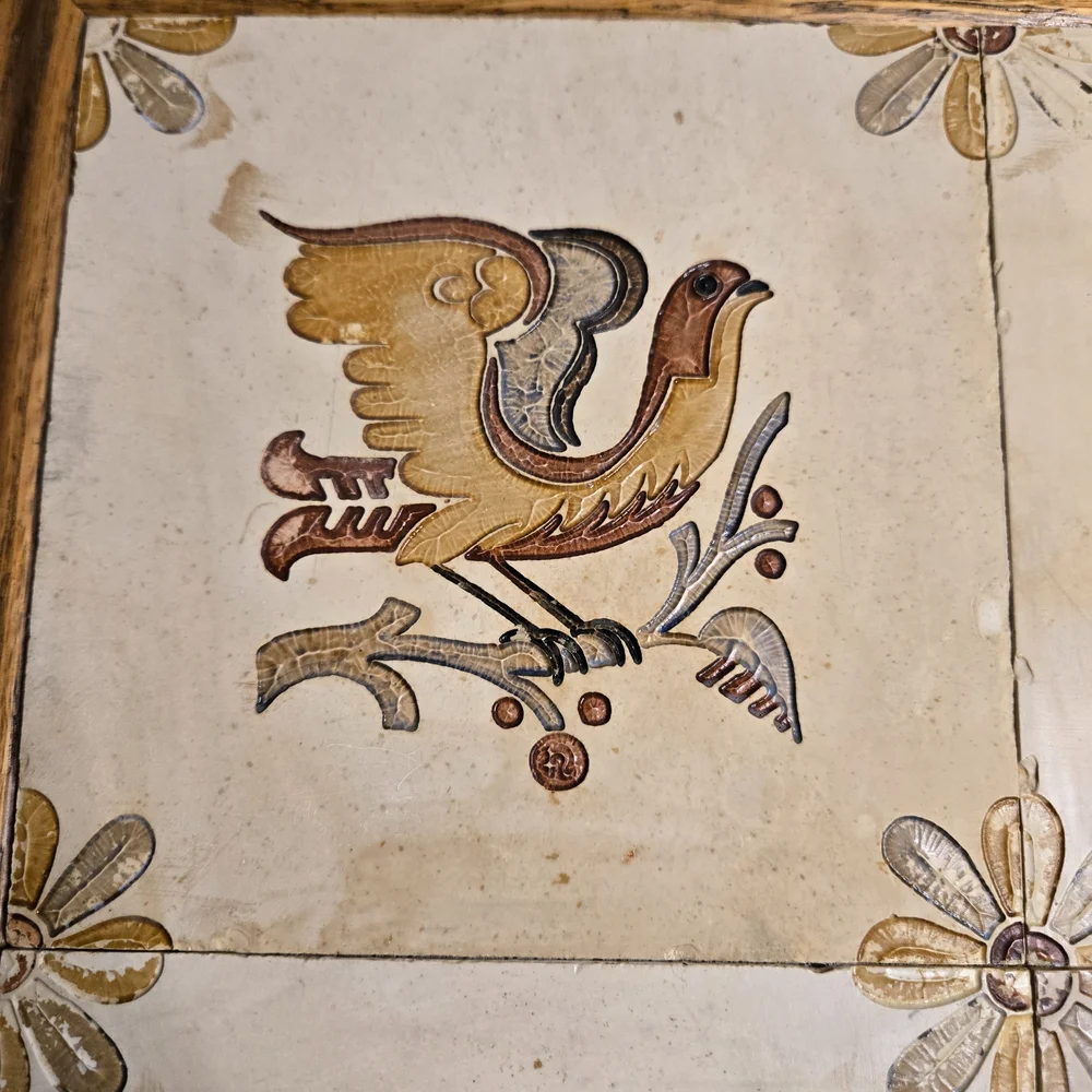 Antique Victorian Bird Partridge Pheasant Delft Style Tile Wall Art Wood Frame